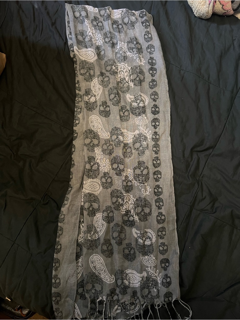 Gray Paisley & Skull Sheer Scarf - Lightweight Women's Wrap